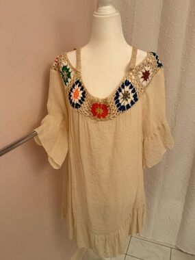 Cream Crochet Yoke Boho Women's Tunic Top